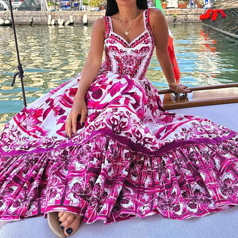 Summer Runway Red White Porcelain Floral Print Long Maxi Beach Dresses Women Straps Sundress