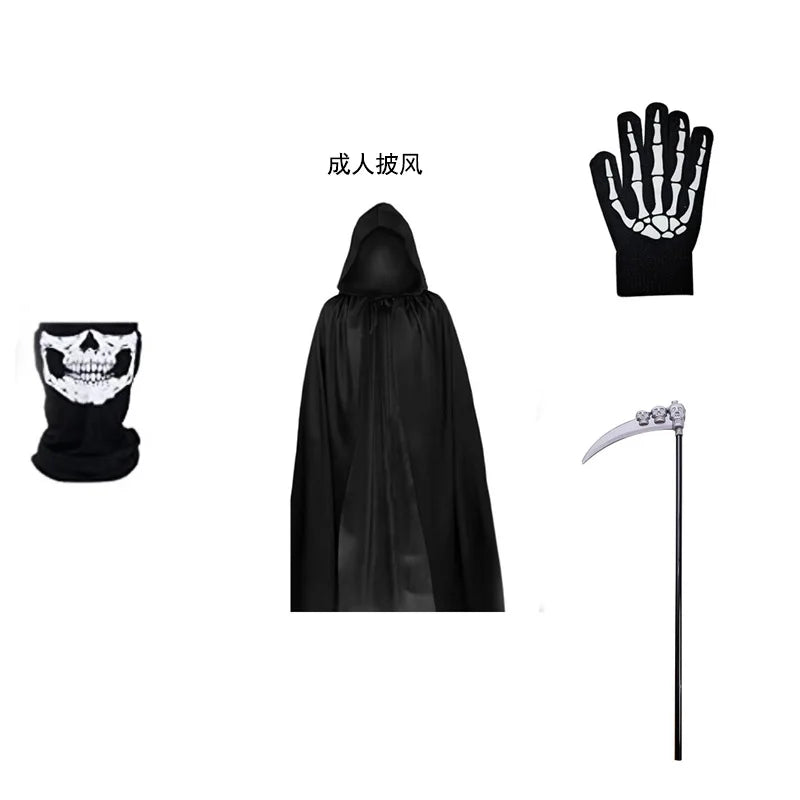 Adult Kids Halloween Demon Ghosts Costume Dress Up Party Man Women Black Scream Death Demon Grim Reaper Cospaly Clothes