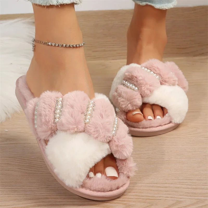 Cross Indoor Floor Slides Flat Soft Furry Ladies Female Celebrities Flip Flops