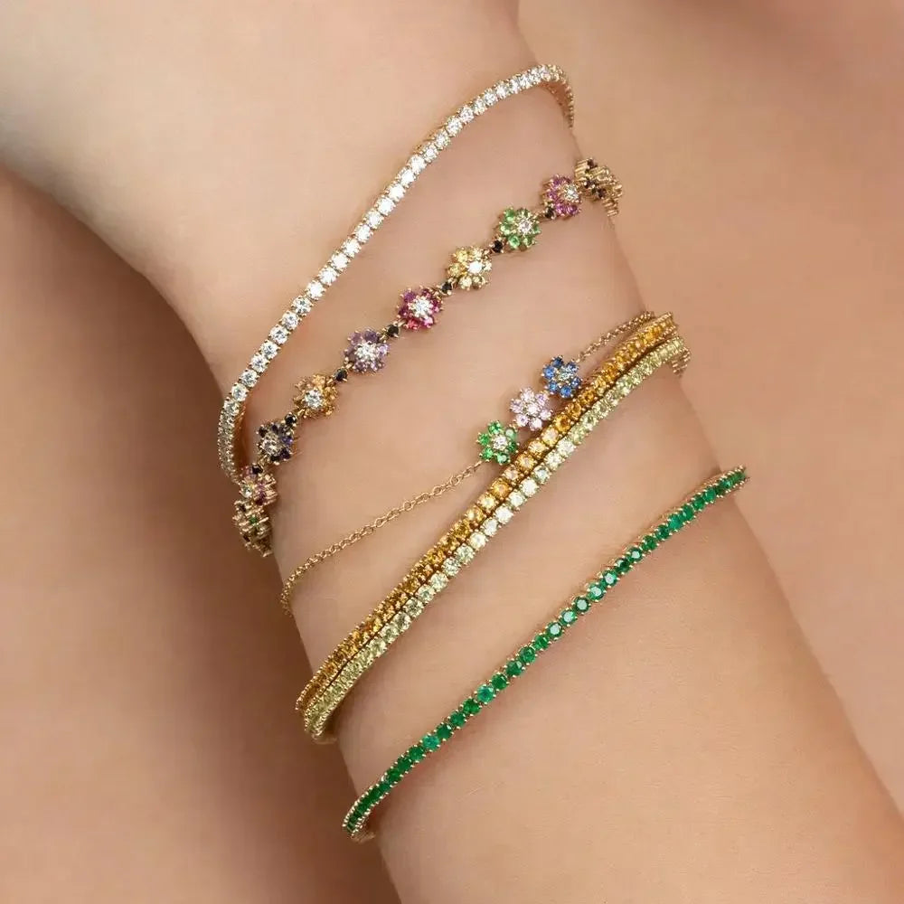 Spring New Design Jewelry Dainty Delicate Beautiful Colorful Rainbow CZ Flower Link Chain Women Girl Bracelet