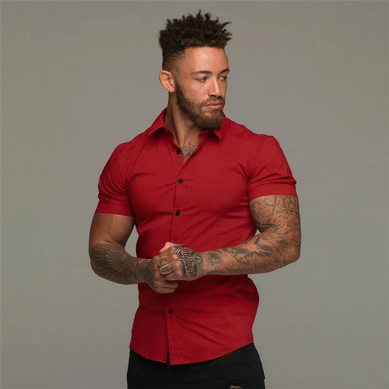 Summer Fashion Short Sleeve Shirt Men Solid Super Slim Fit Male Social Business Dress Shirt Brand Men Gym Fitness Sport Clothing