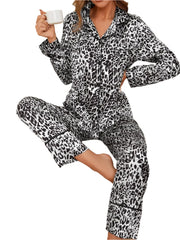 Leopard Print Silk Satin Women Pajama Sets Long Sleeves Front Button Top & Full-Length Pants 2 Piece Female Sleepwear Nightwear