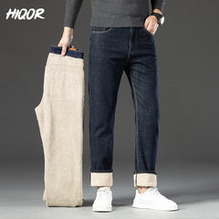 Stretch Straight Pants Man Lamb Fluff Baggy Jeans Business Casual Fleece Soft Denim Trousers