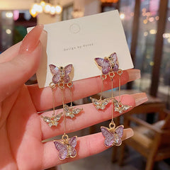 Silver Needle Purple Butterfly Long Tassel Earrings For Women Jewelry