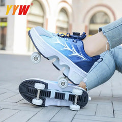 Four-Wheel Dual-Use Skating Shoes Double-Row Roller Student Men's Casual Sneakers Women's Men's Sport Walking Running Shoes