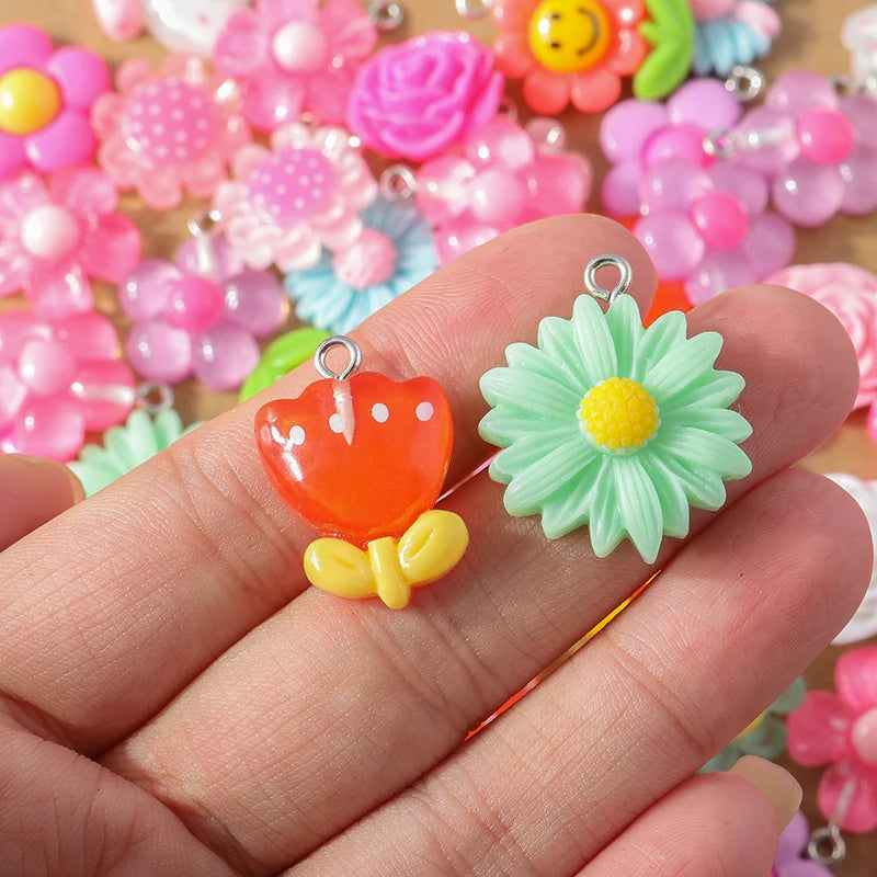 15pcs/lot Mix Cute Resin Flower Charms for Making Earrings Necklace Pendants DIY Handmade Kid's Jewelry Accessories