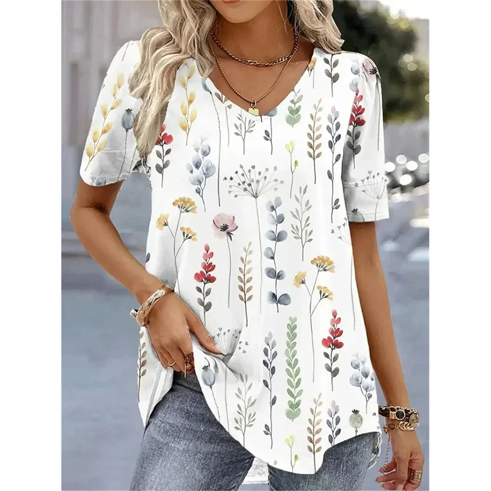 New Women's T-Shirt Summer V-Neck Tee Loose Casual Top Stripes Funny Printed Female Clothing Streetwear Women Pullover T Shirts