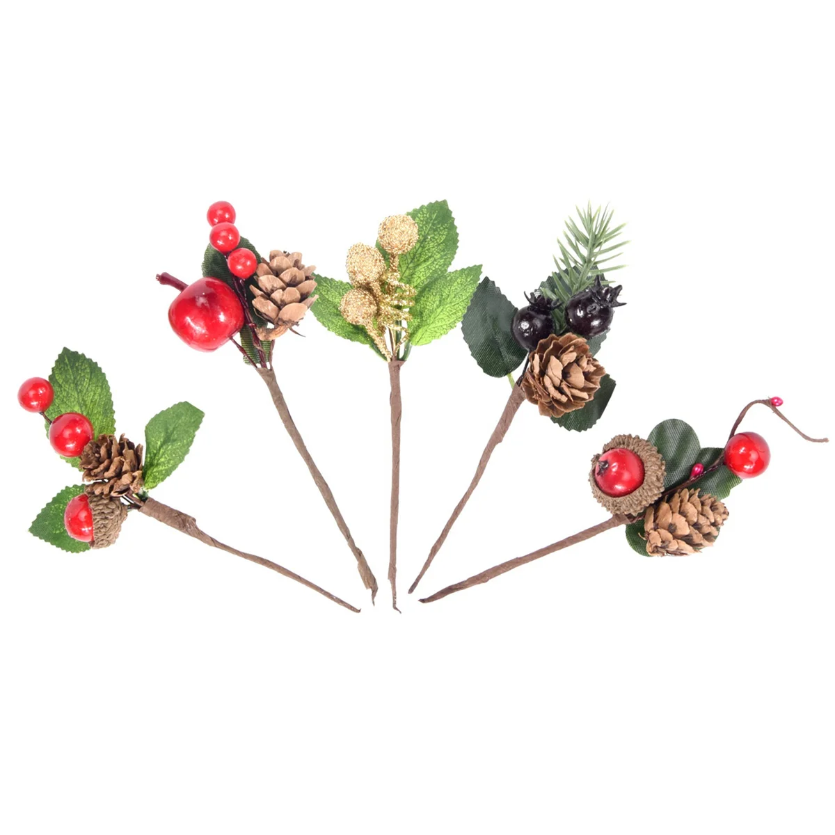 Red Christmas Berry and Pine Cone Picks with Holly Branches for Holiday Floral Decor Flower Crafts