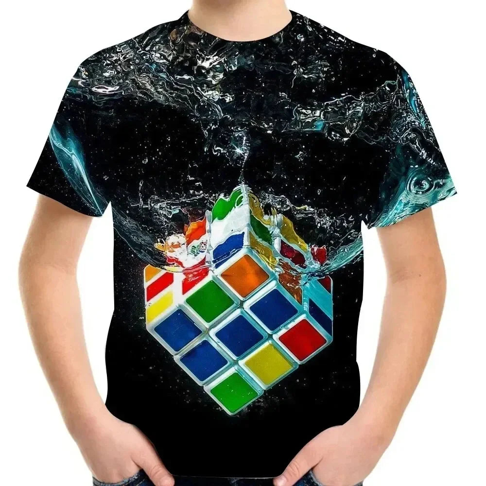 Childs T-Shirts 3D Print T-Shirt Fashion Rubik’s Cube Pattern Tshirt Summer Boys Girls Tee Top Streetwear Top Children Clothing