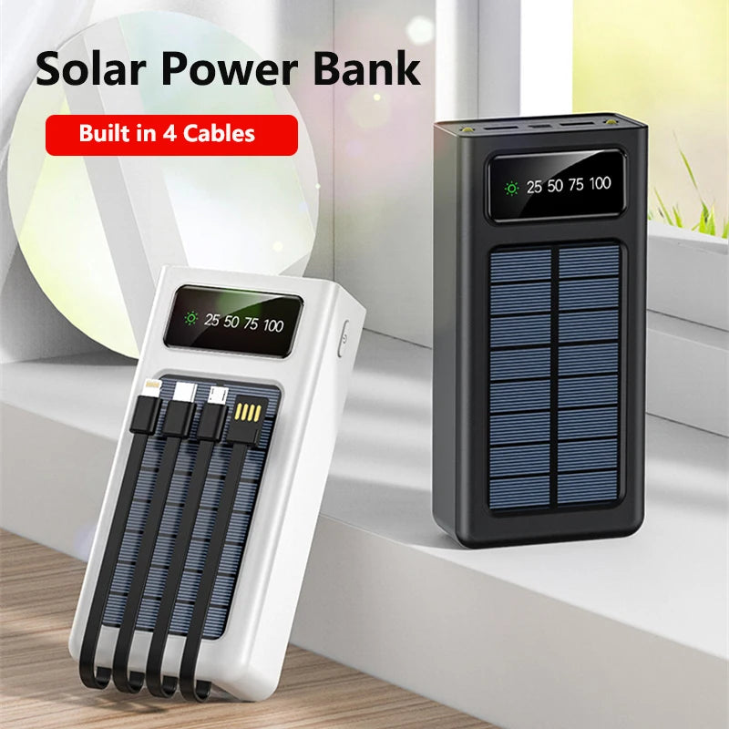 Solar Power Bank 30000mAh Built in 4 Cable Portable Charger LED Light Digital Display Powerbank