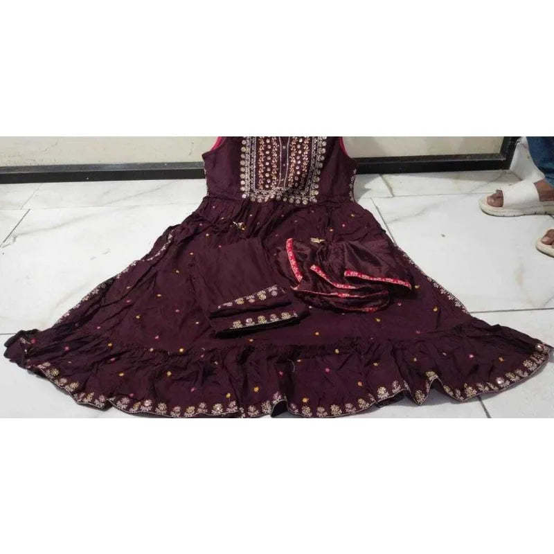 Women Kurti Palazzo Set wine Embroidery Kurta Pant Dupatta Salwar Kameez Dress