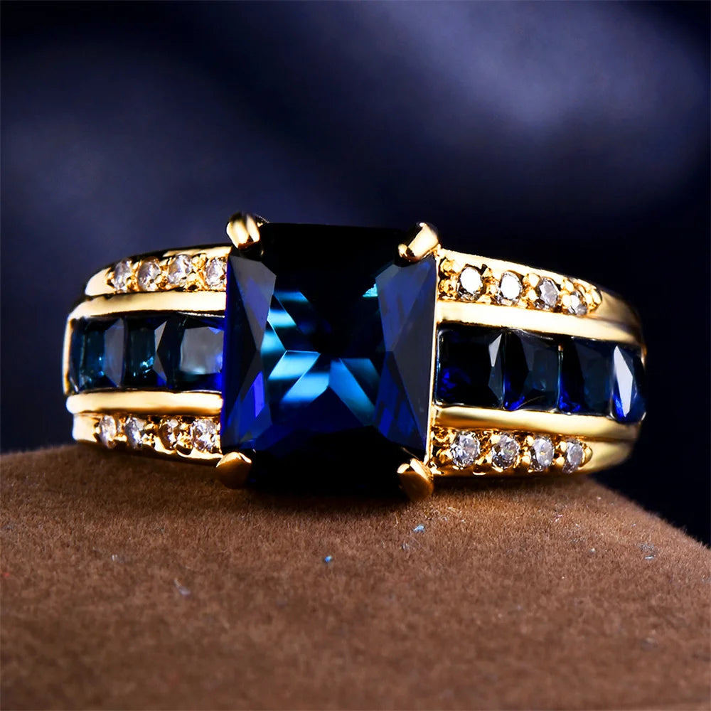 Fashion Female Blue Zircon Square Finger Ring Yellow Gold Color Wedding Jewelry For Women Party Accessories