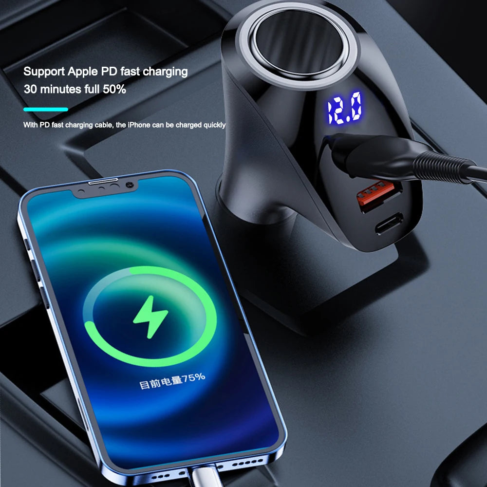 Car Charger Cigarette Socket Adapter LED Display Type-C PD 20W PPS/FCP Quick Charge 3.0 For IPhone OPPO Samsung HUAWEI