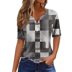 Women's Fashion Casual Geometric Printed T-Shirt V-Neck Short Sleeve Button Top Tops for Women Womens Tops and Blouses 2024