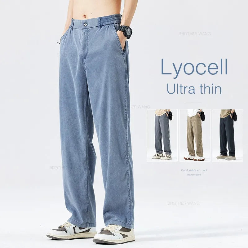 Summer Thin Baggy Lyocell Jeans Men's Fashion Ice Silk Elastic Waist Fashion