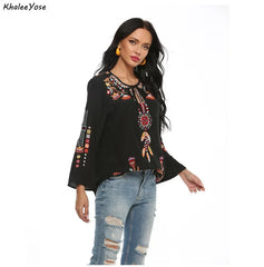 YOSE Black Boho Embroidery Blouses Shirt Women Autumn Spring Mexican Shir