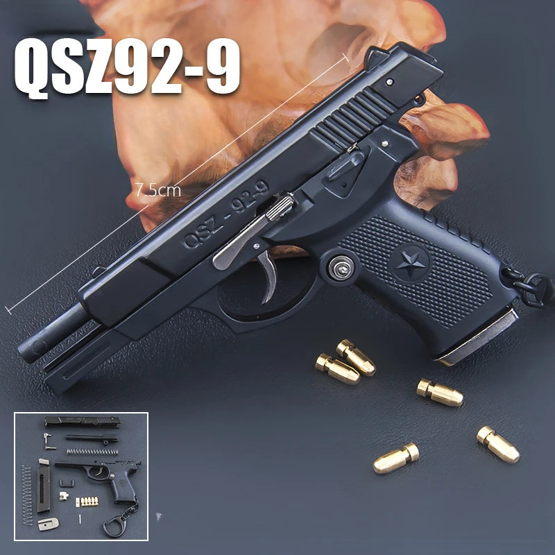 Detachable 1:3 QSZ92 Toy Gun Ornament Mini Semi Alloy Shell Bullets Ejection Pistol Model Keychain Pendant for Boys Gift