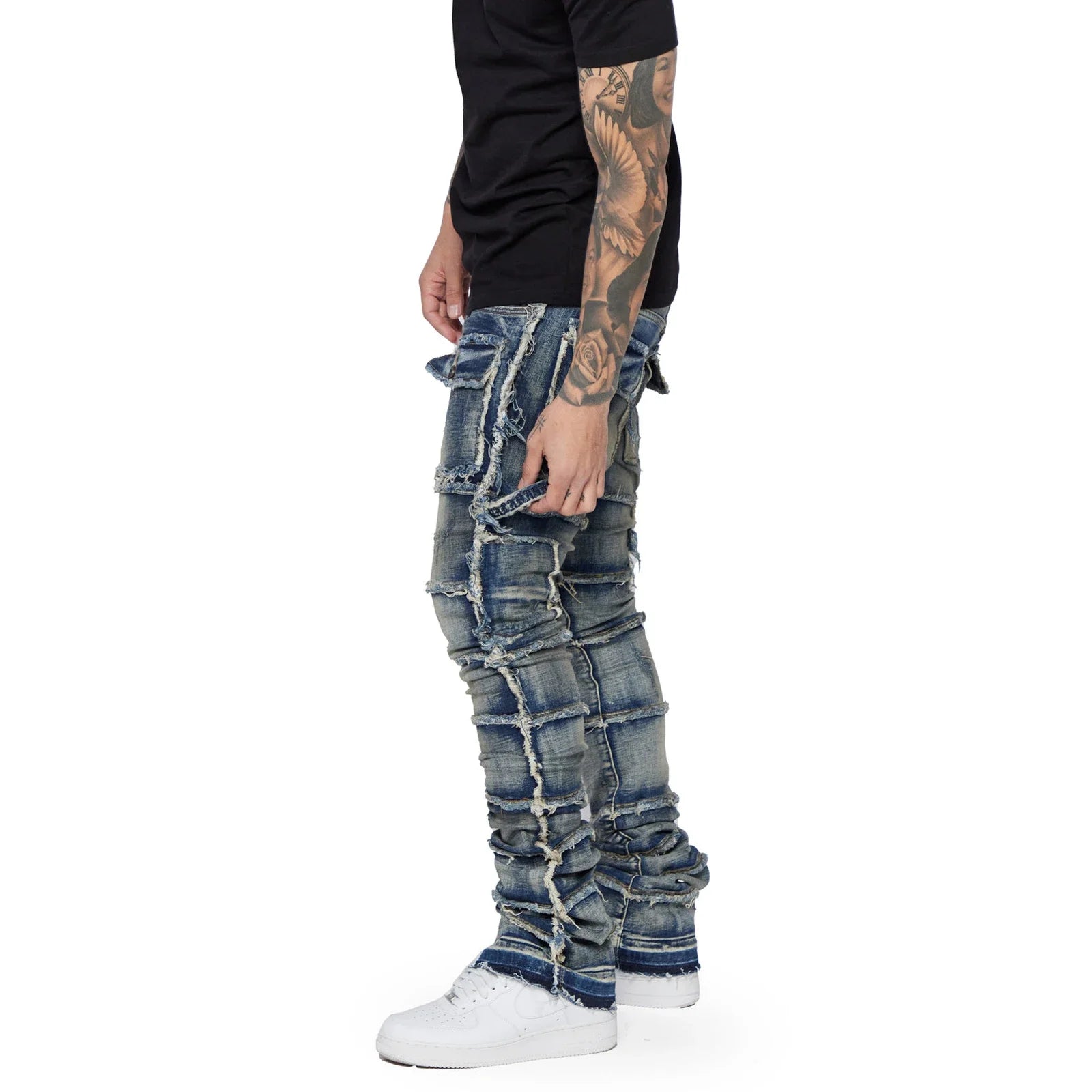 Men's Slim Fit Ripped Jeans Distressed Patchwork Stacked Straight Leg Stretch Denim Pants with Pockets Retro Streetwear