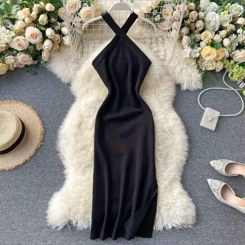 Elegant Solid Women's Dresses Knitted  V Neck Backless Elastic dresses for women