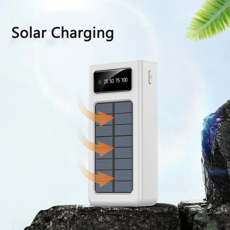 Solar Power Bank 30000mAh Built in 4 Cable Portable Charger LED Light Digital Display Powerbank