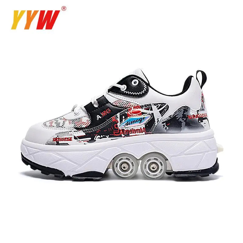 Four-Wheel Dual-Use Skating Shoes Double-Row Roller Student Men's Casual Sneakers Women's Men's Sport Walking Running Shoes