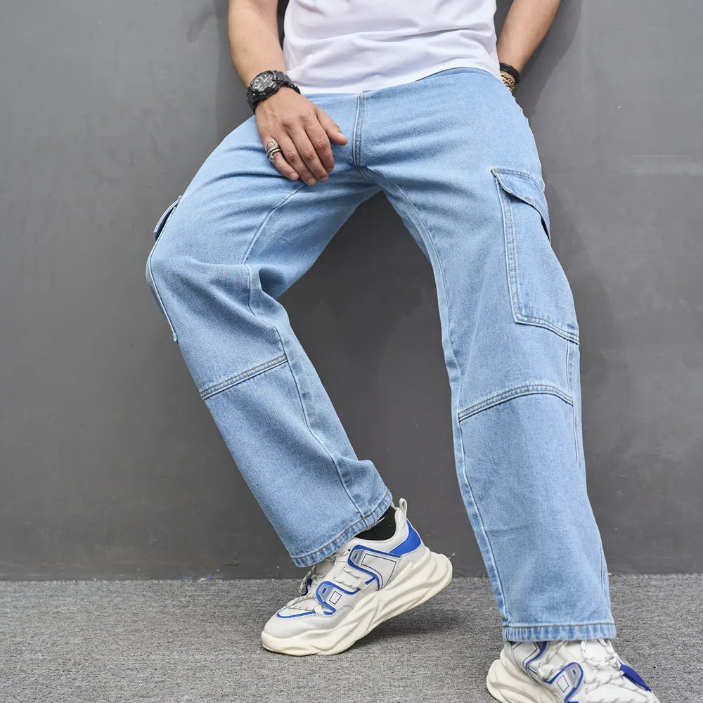 Stylish Street Men Multiple pockets Cargo Jeans Male Loose Carpenter Casual Straight Denim Pants  For Men's