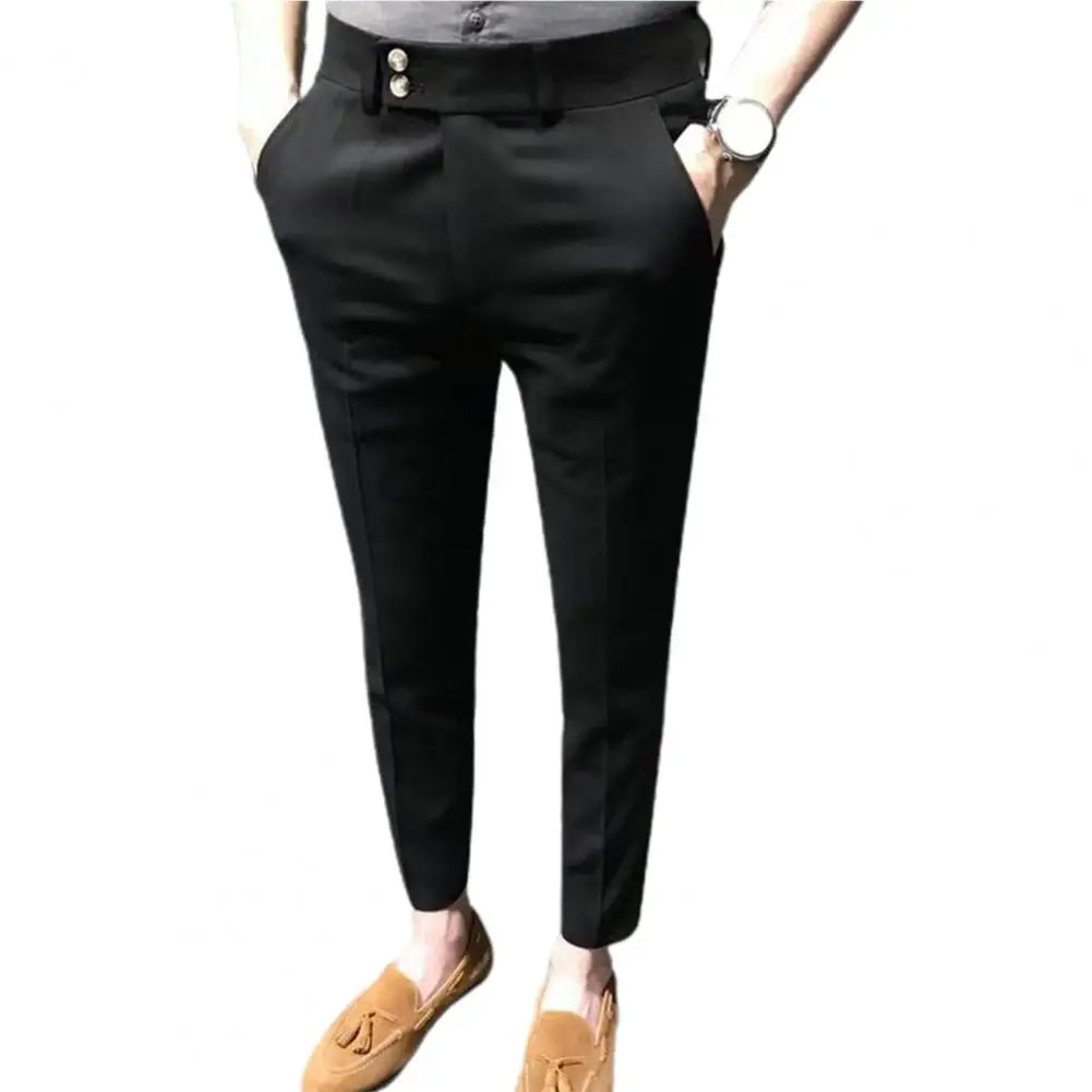 Trendy Ninth Suit Pants Office Slim Fit Wear-resistant Zip Up Ninth Suit Pants  Ankle Length Ninth Trousers Male Garment