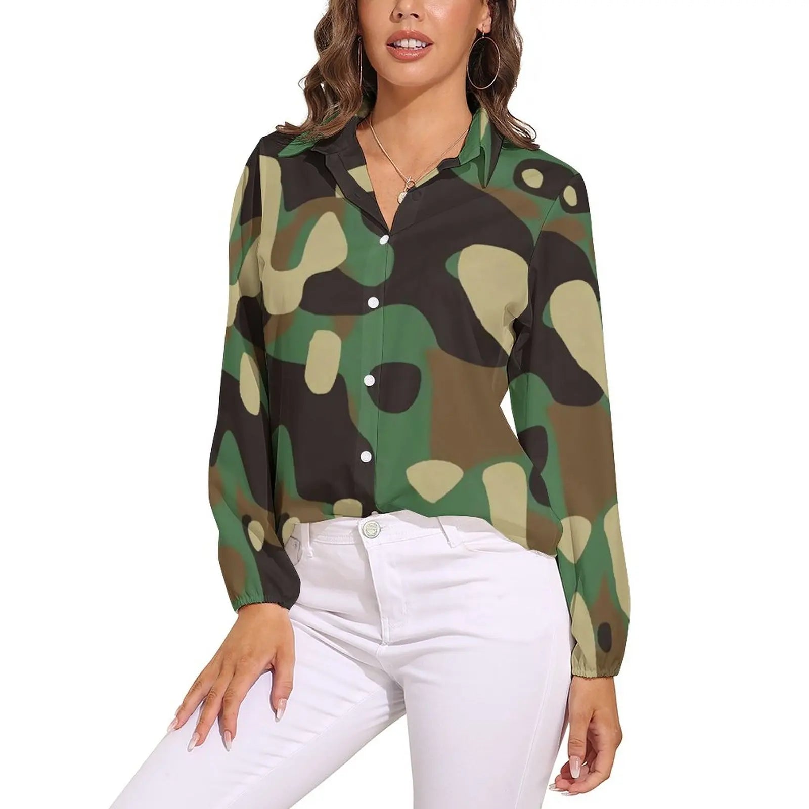 Orange And Green Camo Blouse Army Vector Camouflage Funny Print Blouses Womens Long Sleeve Shirt Summer Oversized Clothing