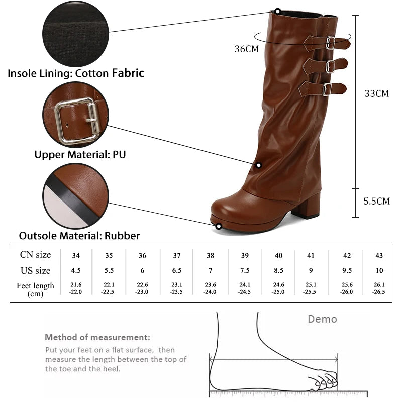 Fashion New Knee High Fold Over Boots Chunky heel Round Toe With Buckle Straps Side Zipper for Fall Winter