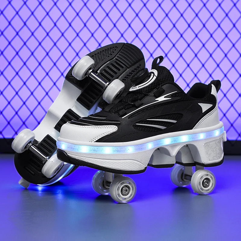 Double-Row Four-Wheel Roller Skating Shoes LED Flash Dual-Use Roller Shoes Men Women Casual Sneakers Sport Walking dog Shoes