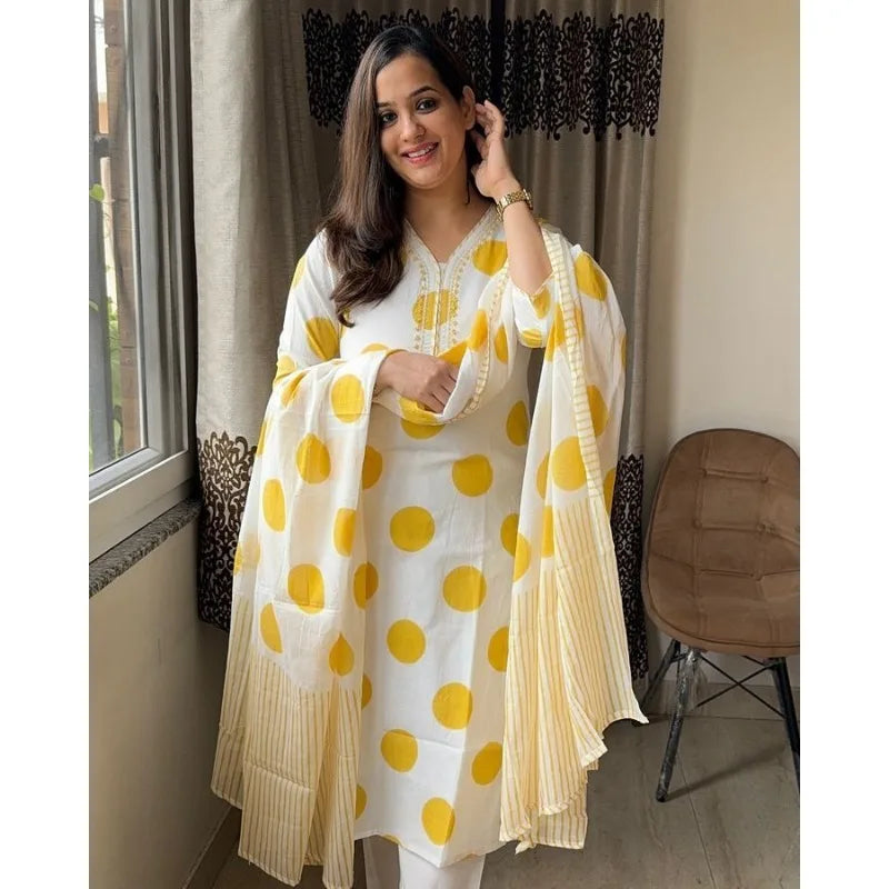 Summer Cotton Kurta Palazzo Dupatta Set Readymade Yellow Dot Decoration Salwar Kameez Dresses