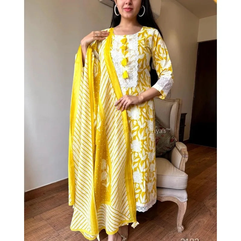 Fully Stitched Salwar Kameez Yellow Color Printed Kurta Palazzo with Dupatta Set