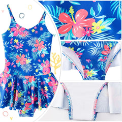 Girls Swimsuits with Skirt for Summer Floral Sling One-Piece Swimming Wear