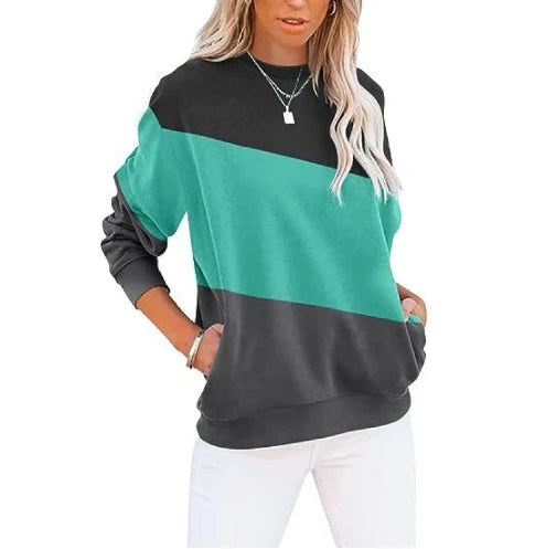 Women's color blocked casual long sleeved top with print round neck sweatshirt