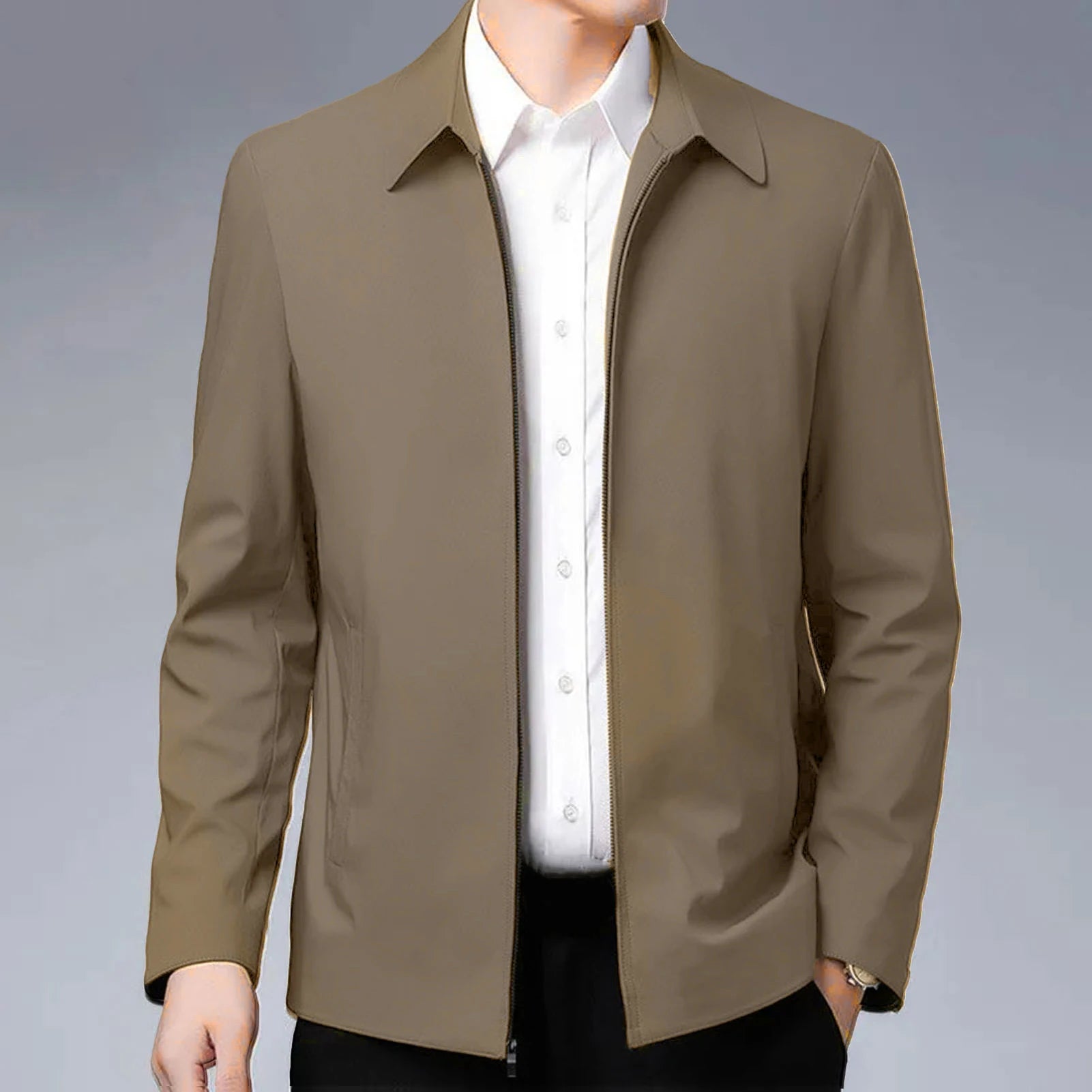 Men Jacket Elegant Mid-aged Men's Lapel Jacket with Zipper Closure Pockets for Formal Business