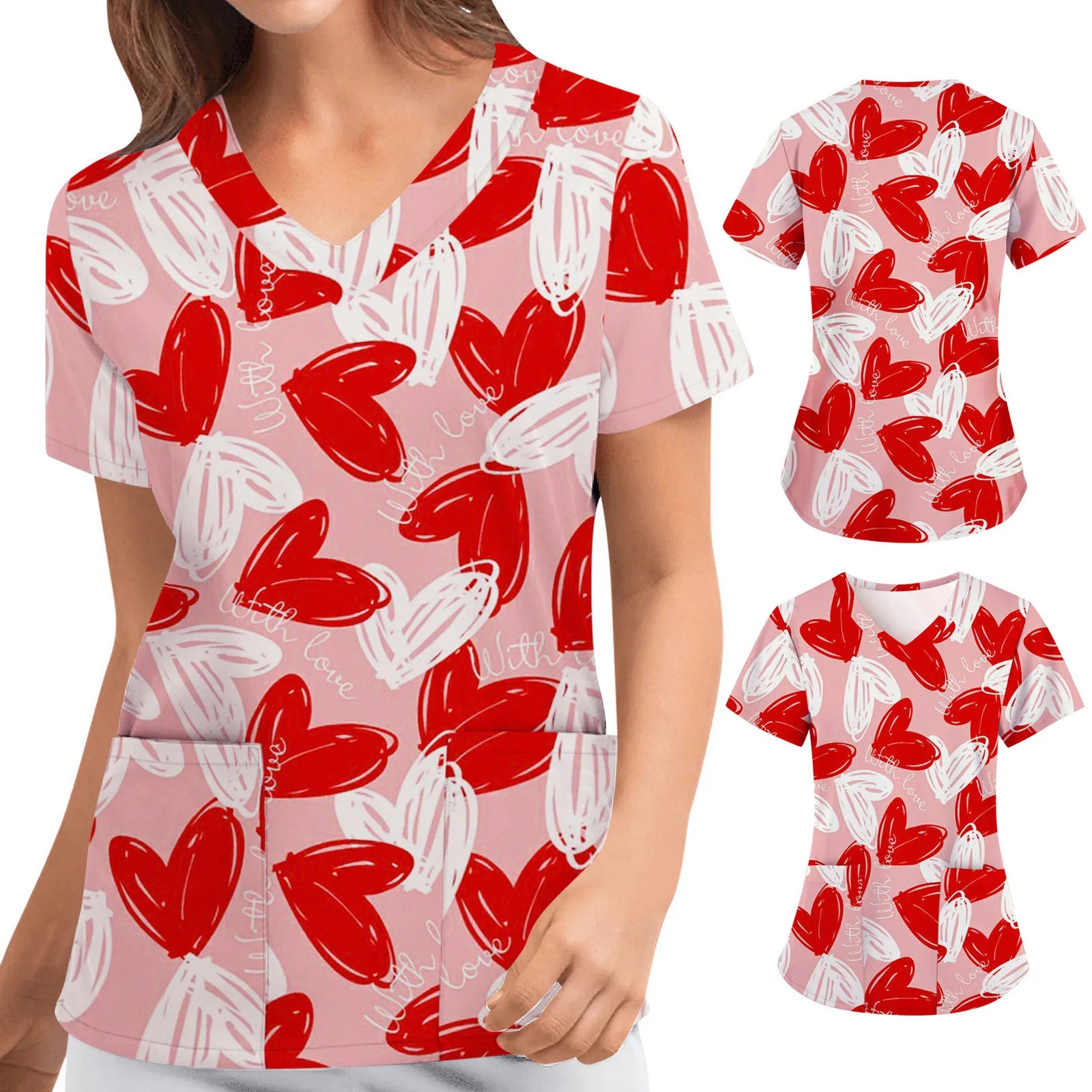 Short-sleeved Top For Nurses V-neck Women Valentine's Day Love Print Uniform Casual Women's Blouse