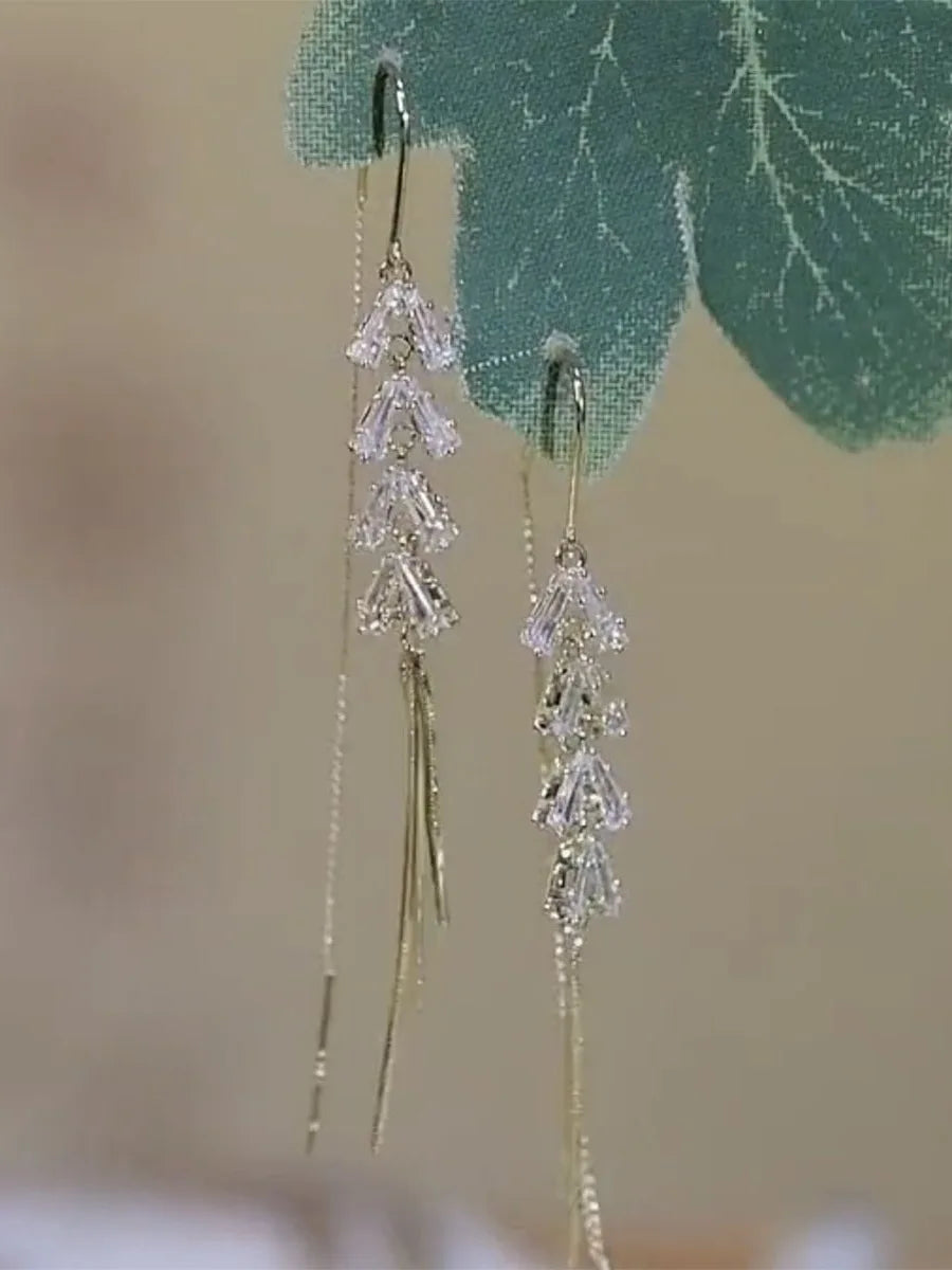 Wheat tassel earrings, light luxury, simple and long leaf zircon earrings