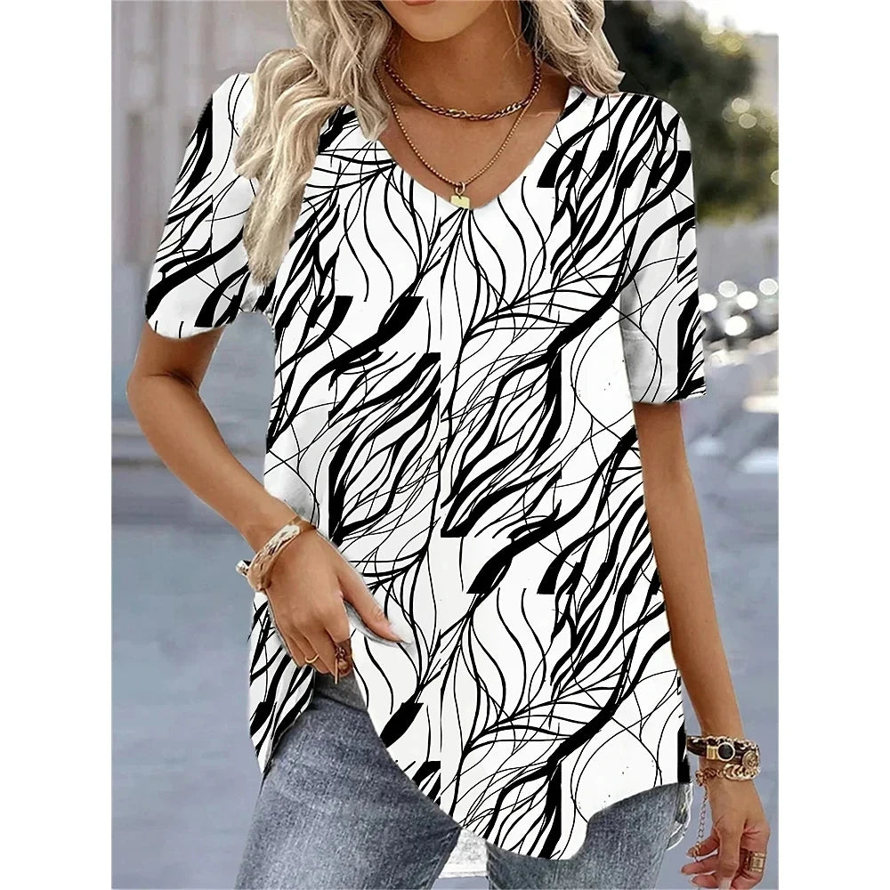 New Women's T-Shirt Summer V-Neck Tee Loose Casual Top Stripes Funny Printed Female Clothing Streetwear Women Pullover T Shirts