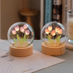 Tulip Flower Night Light With Glass Cover Handmade DIY Bedside Light LED Night Lamp