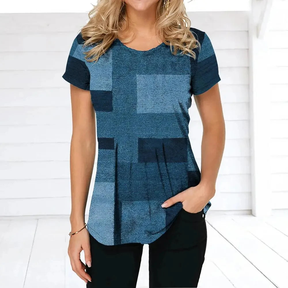 Retro Women's T-shirt Plaid Print Tees Patchwork Clothes O Neck Short Sleeve Blouse Oversized Ladies Tops