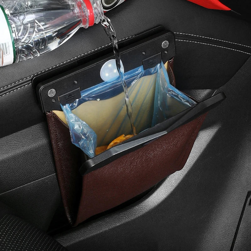 Car Trash Can Front-Row Hanging Garbage Bin Pu Leather Foldable Storage