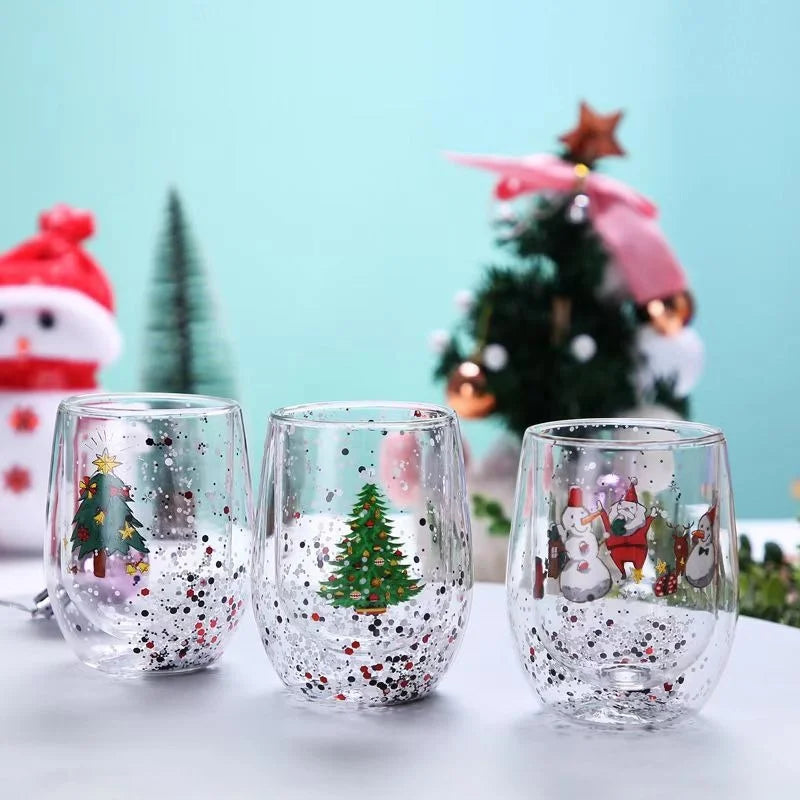 Double Wall Christmas Glass Cup Flowing sequins Christmas tree snowman Coffee Cup Heat Resistant Tea Milk Juice Mug Xmas Gift