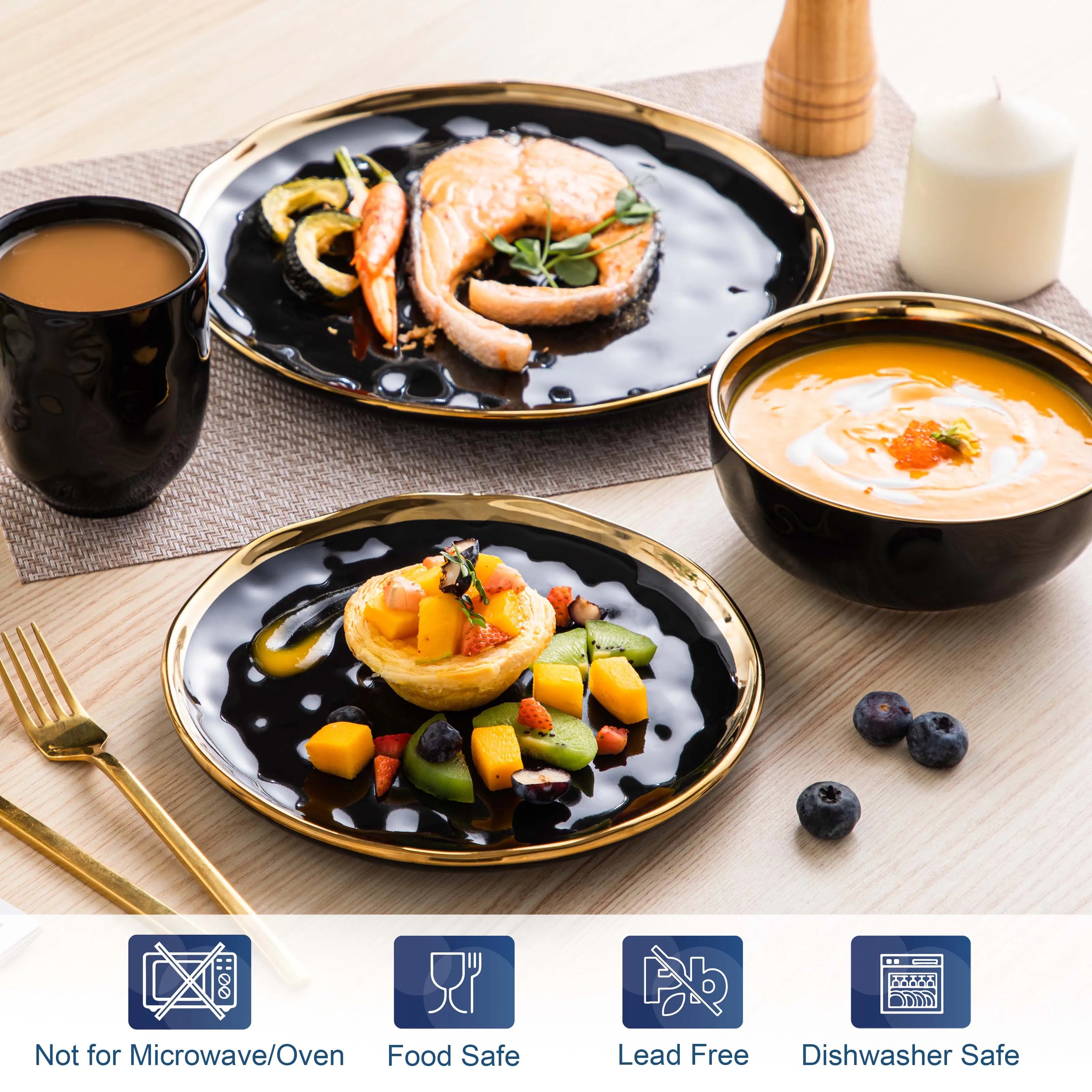Porcelain Dinnerware Set with Gold Trim Dessert Plate,Dinner Plate,Cup,Bowl Tableware Set
