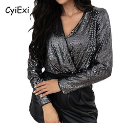 Black Sequin Long Sleeve Bodysuit Women Mesh V Neck Elegant Bodysuits Body Tops Casual Female Night Club Wear S-XL