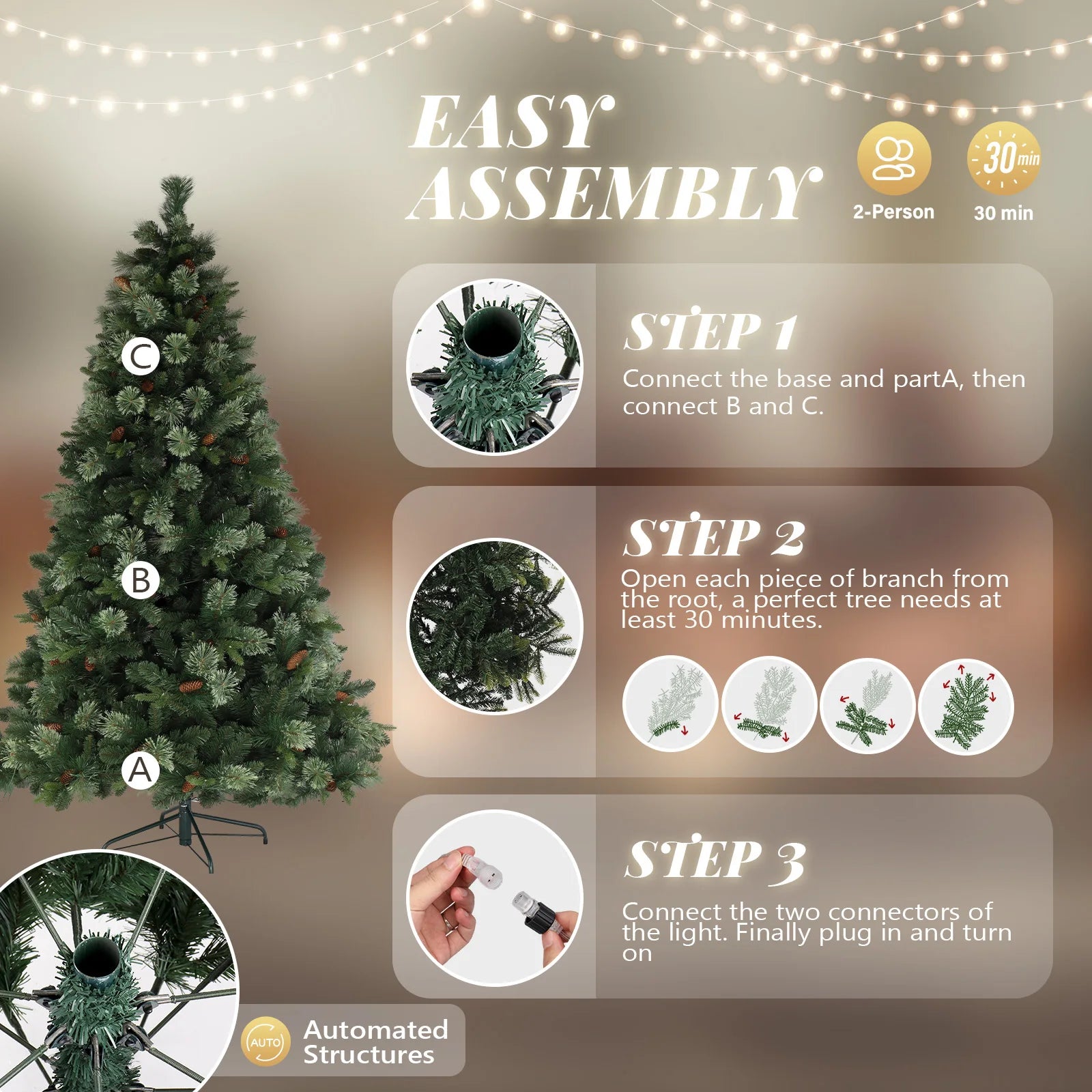 6ft Automatic Tree Structure PE PVC Material 500 Lights Warm Color 9 Modes With Remote Control 900 Branches With Pine Needles