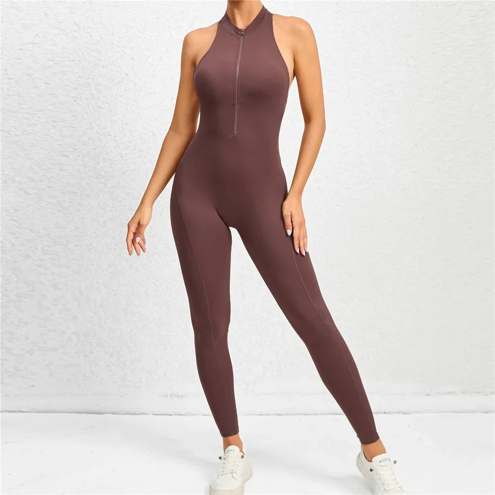 Zipper Women Pad Yoga Jumpsuits One Piece Romper Workout Legging Bodysuit