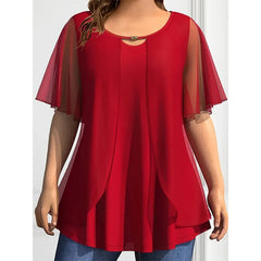 Women Top Solid O Neck Loose Pullover Short Sleeve Shirts Blouse