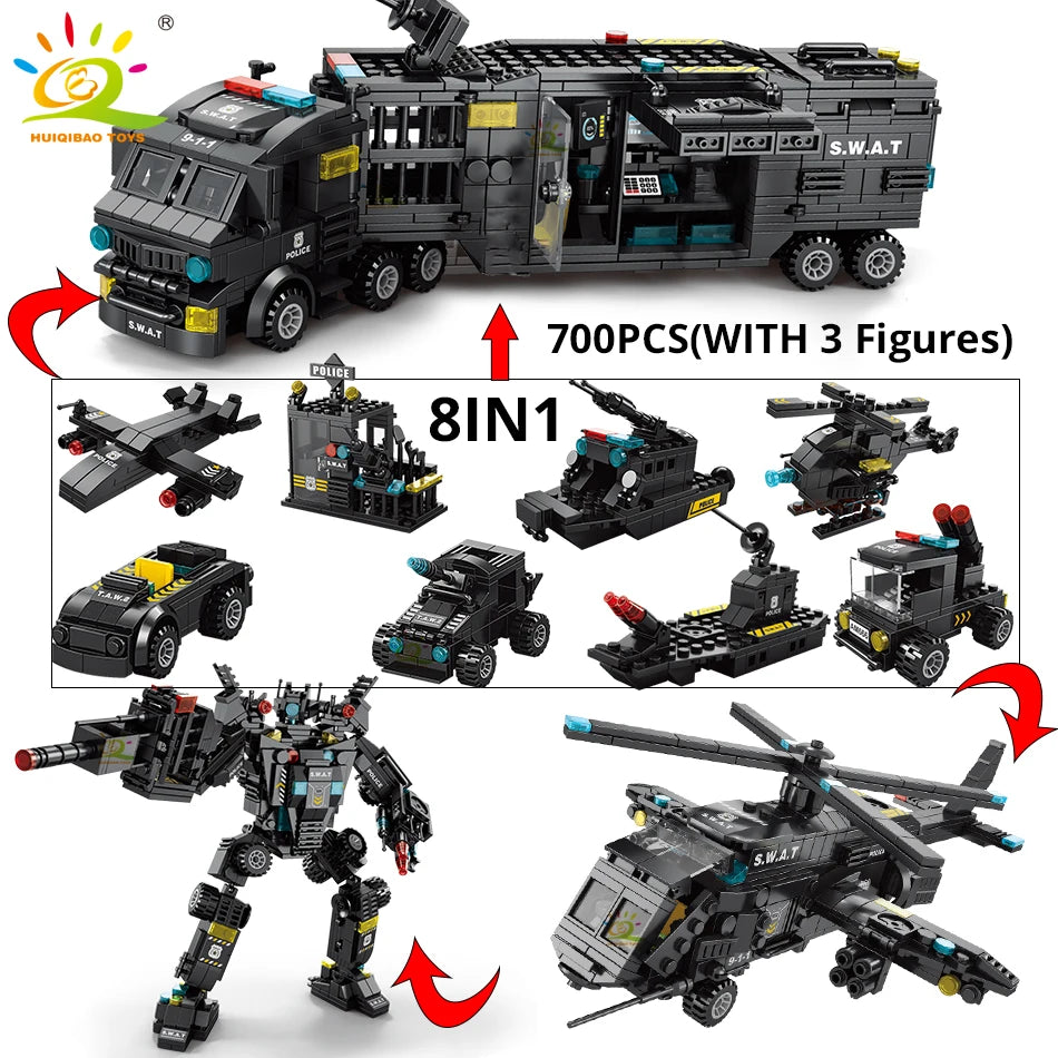 HUIQIBAO SWAT Police Station Truck Model Building Blocks City Machine Helicopter Car Figures Bricks