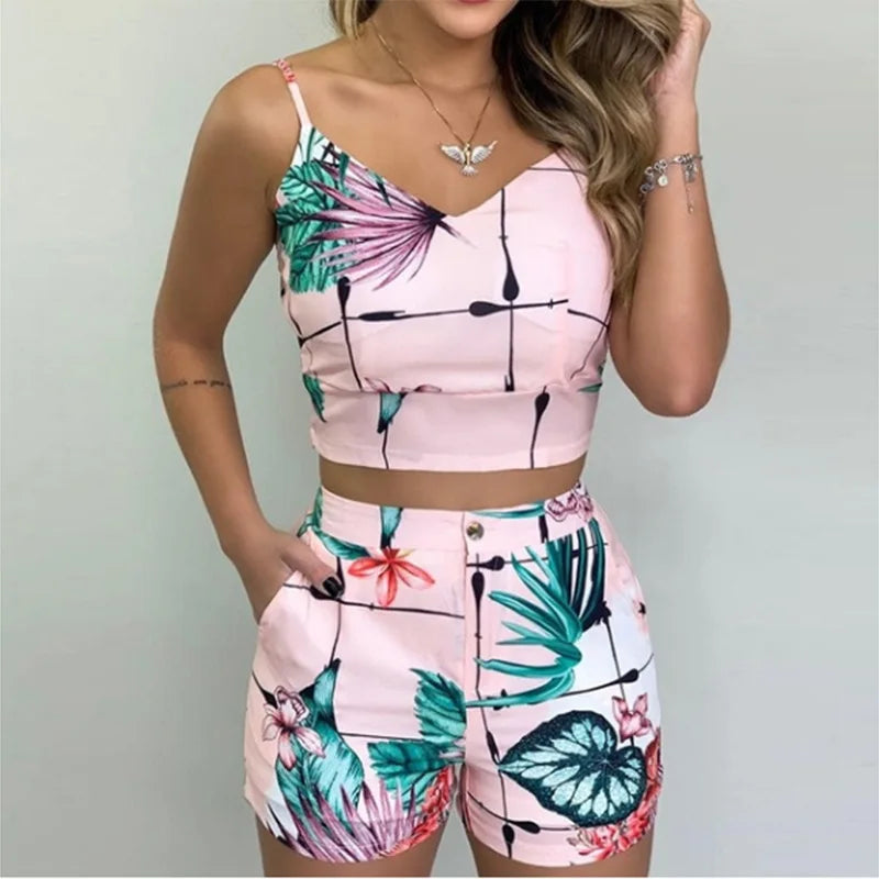 Two Pieces Suit Women's Summer Holiday Sleeveless Floral Print Top Pants Set