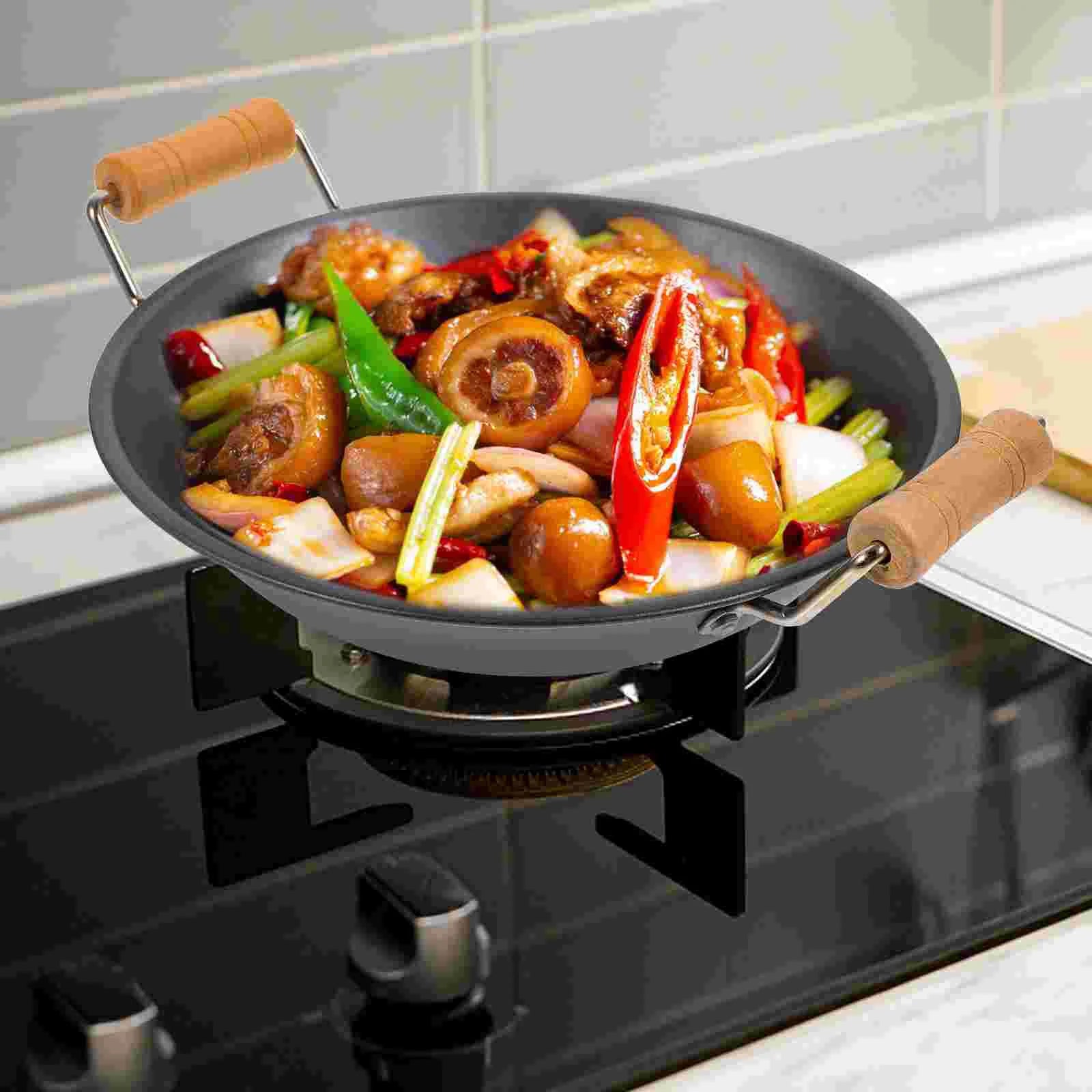 2 Pcs Stainless Steel Griddle Double Handle Cooking Pan Hot Pot Cookware Kitchen Dry Wooden Paella Frying Metal Takeaway Pans